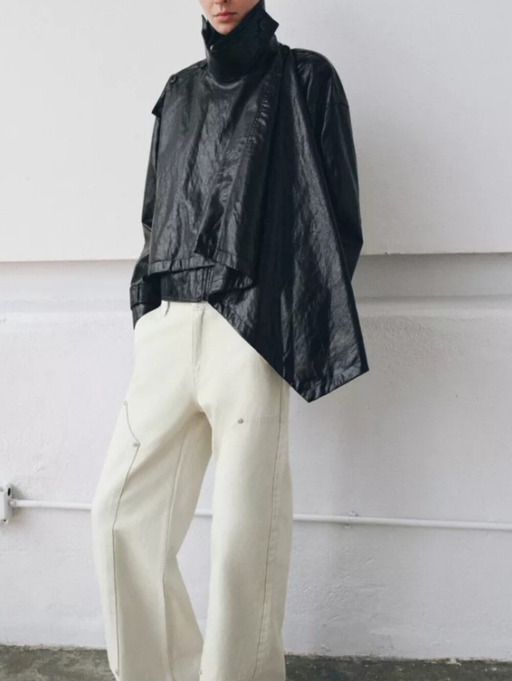 Zara Zw Collection Faux Leather Black Funnel Neck Jacket With Removable Scarf